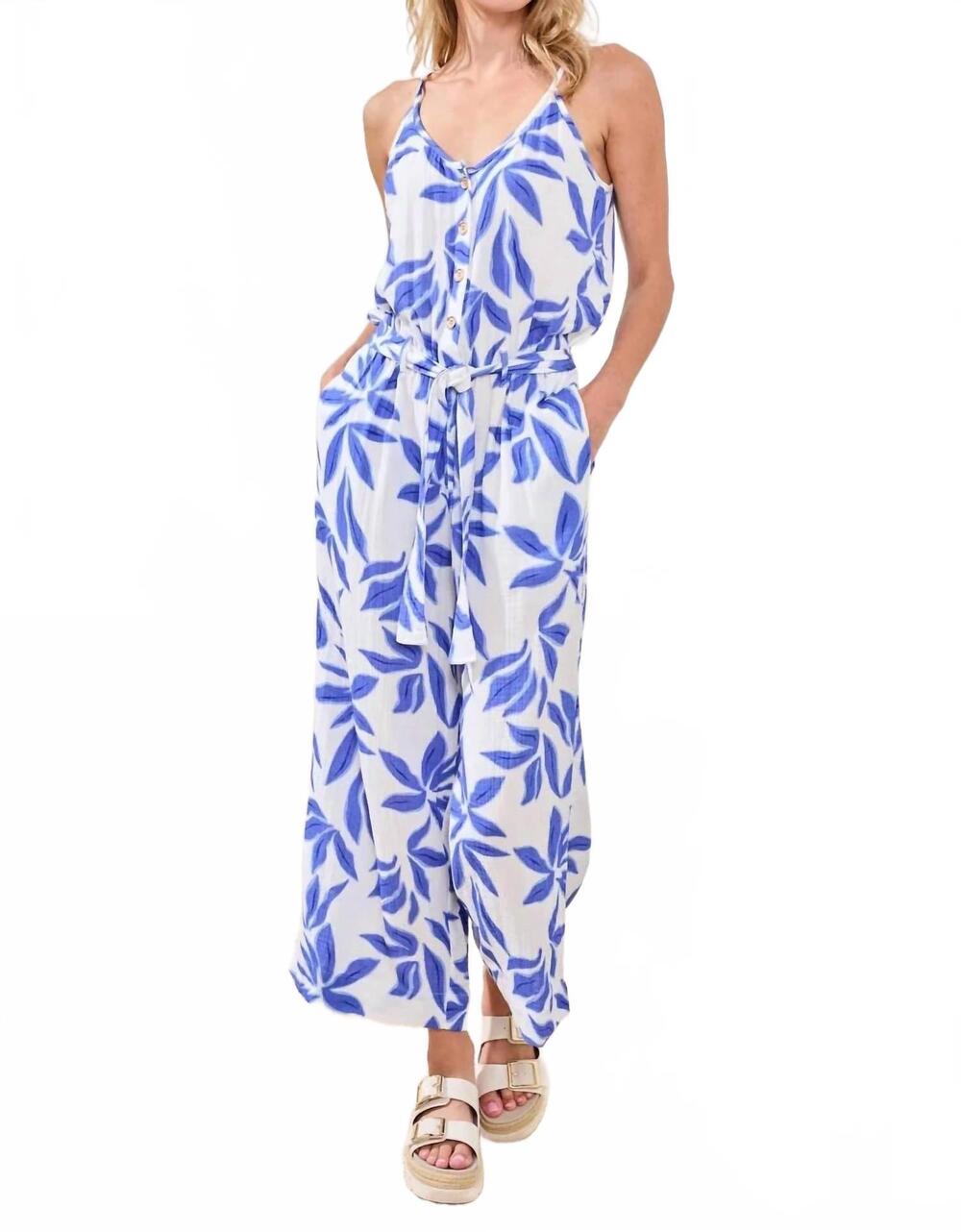 NEW TRIBAL button front jumpsuit in baja blue